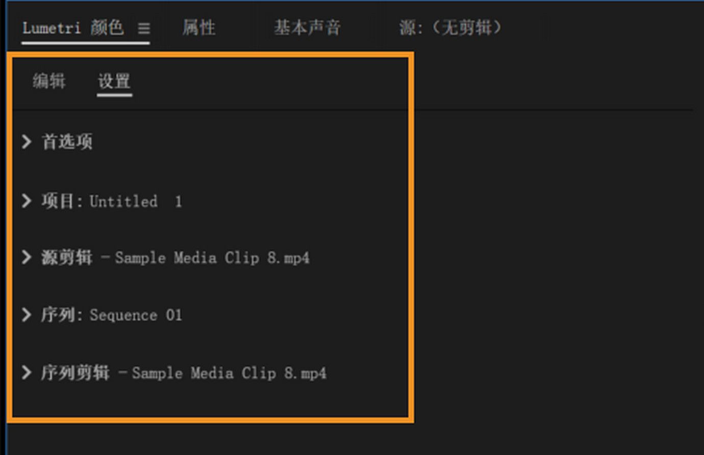 Premiere Pro Lumetri 颜色面板中高亮显示的“设置”选项卡，展示了用于管理颜色调整的项目、源剪辑、序列及序列剪辑的详细信息。