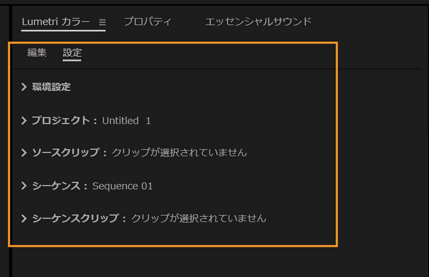 Premiere Pro の Lumetri カラーパネルのハイライト表示された「設定」タブには、カラー調整の管理に使用されるプロジェクト、ソースクリップ、シーケンス、シーケンスクリップの詳細が表示されています。