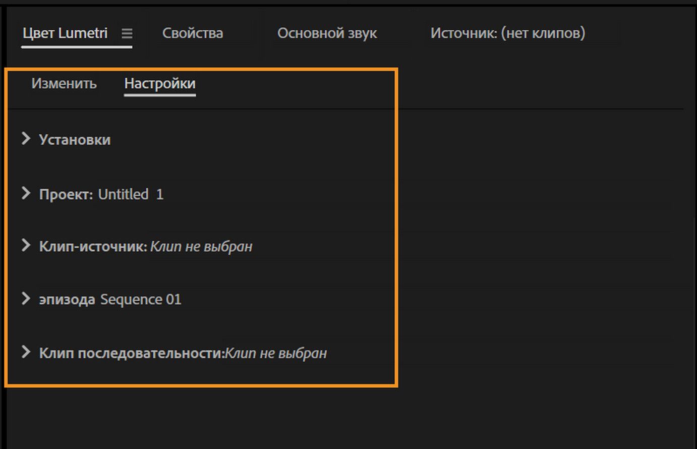 Выделенная вкладка «Настройки» на панели «Цвет Lumetri» в Premiere Pro, на которой отображаются сведения о проекте, исходном клипе, последовательности и клипе последовательности, используемые для управления настройками цвета.