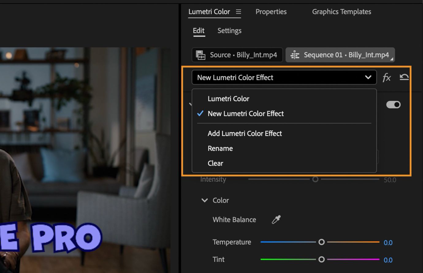 Menu a discesa evidenziato nel pannello Lumetri Color di Premiere Pro che mostra le opzioni per creare, aggiungere, rinominare o cancellare gli effetti Lumetri color per gestire più livelli di colore.