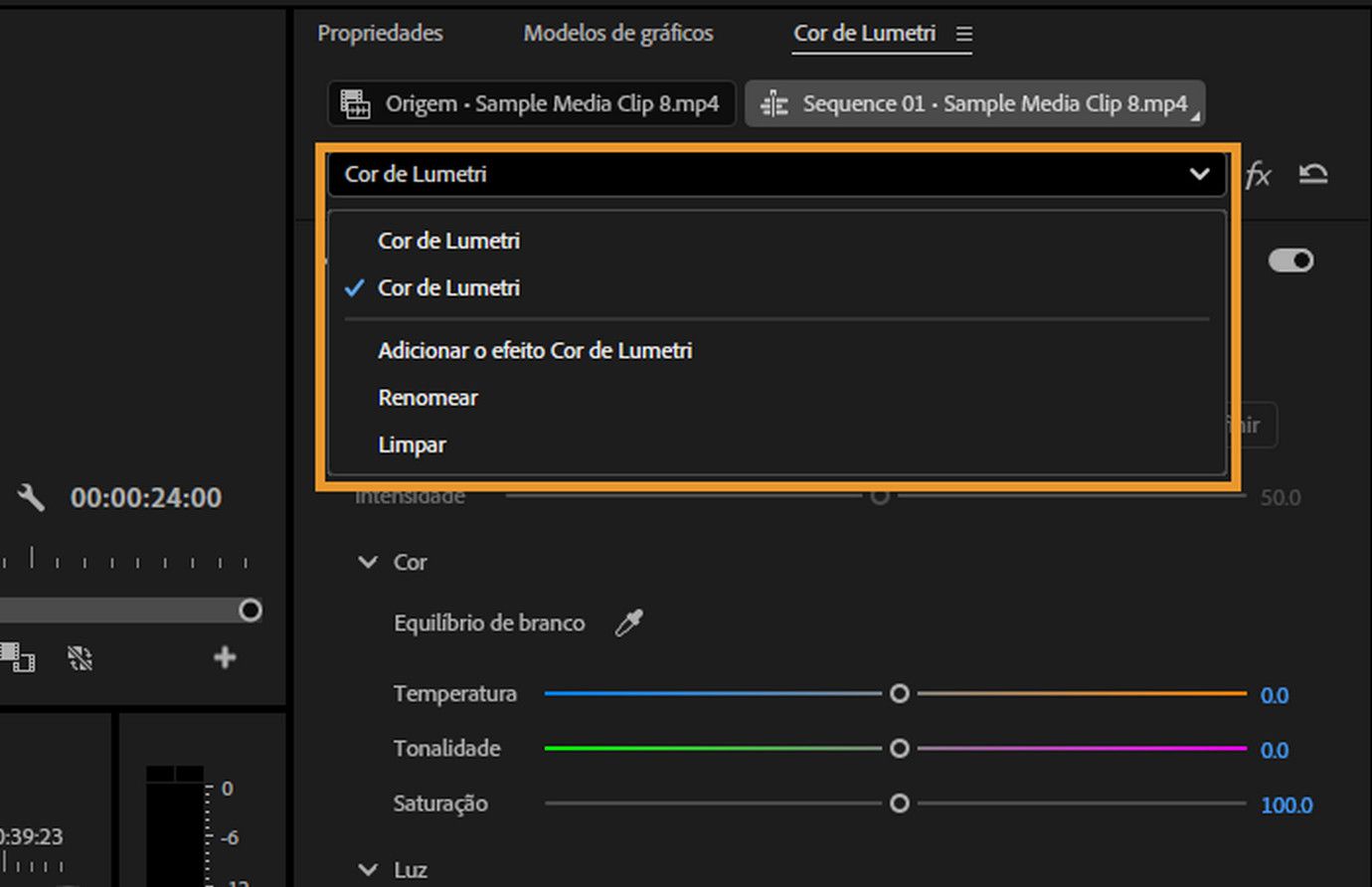 Menu suspenso destacado no painel Lumetri Color do Premiere mostrando opções para criar, adicionar, renomear ou limpar efeitos Lumetri Color para gerenciar várias camadas de cor.