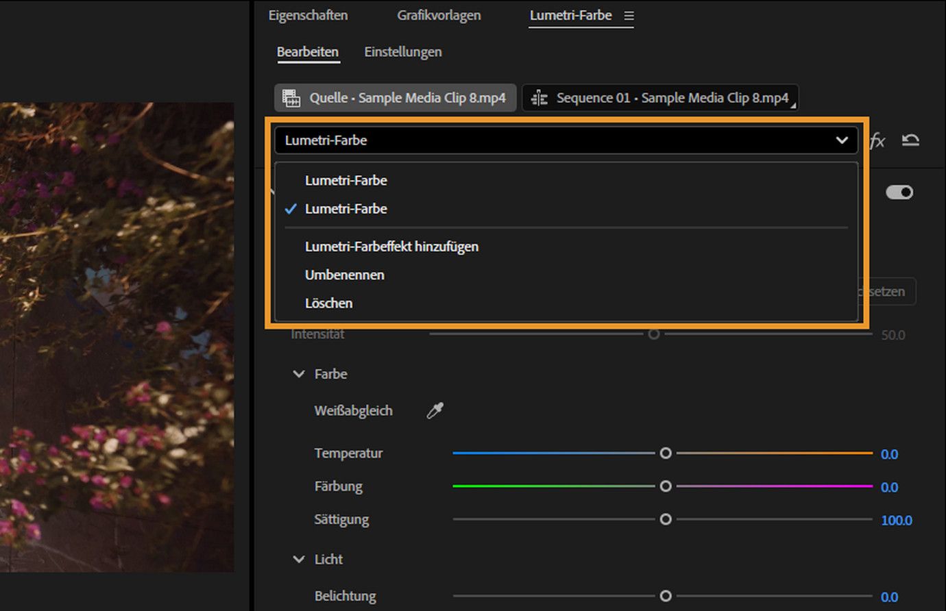 Hervorgehobenes Dropdown-Menü im Bedienfeld „Lumetri-Farbe“ von Premiere Pro mit Optionen zum Erstellen, Hinzufügen, Umbenennen oder Löschen von Lumetri-Farbeffekten für die Verwaltung mehrerer Farbebenen.