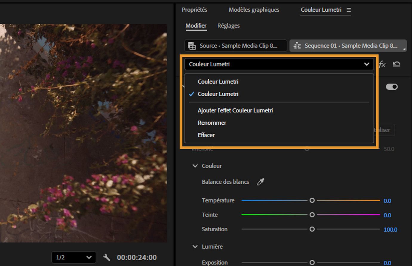 Mise en surbrillance du menu déroulant dans le panneau Couleur Lumetri de Premiere Pro, montrant les options pour créer, ajouter, renommer ou effacer les effets de couleur Lumetri permettant de gérer plusieurs calques de couleur.
