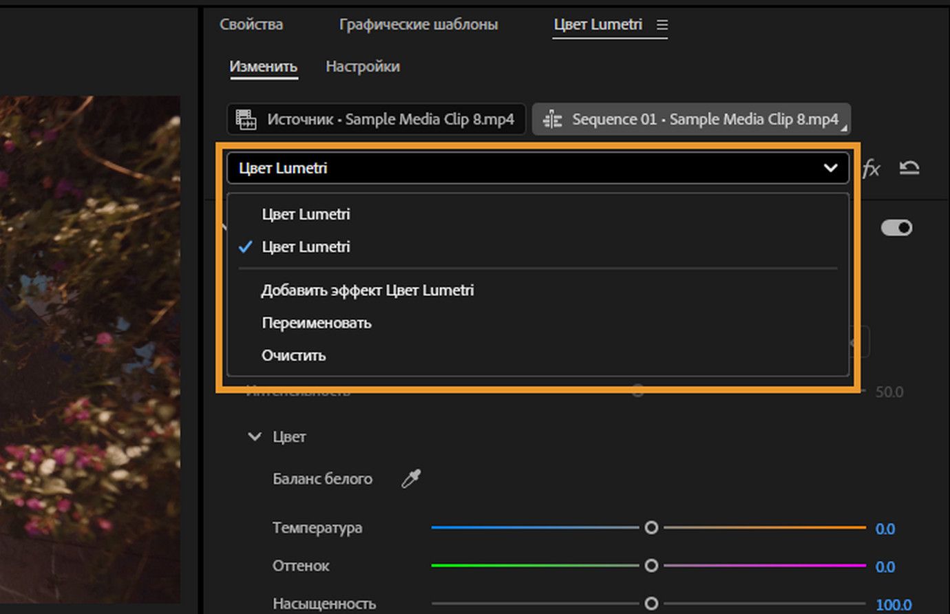 Выделенное раскрывающееся меню на панели «Цвет Lumetri» в Premiere Pro, показывающее параметры создания, добавления, переименования или удаления цветовых эффектов Lumetri для управления несколькими цветовыми слоями.