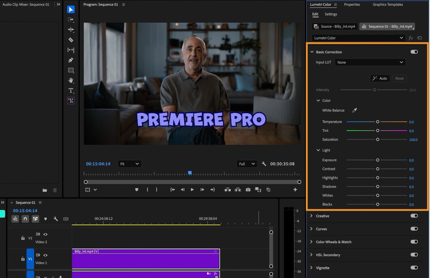 Vista resaltada del panel Lumetri Color en Premiere Pro, que muestra la sección Corrección básica con controles para el balance de blancos, temperatura, tinte, saturación, exposición, contraste, iluminaciones, sombras, blancos y negros.