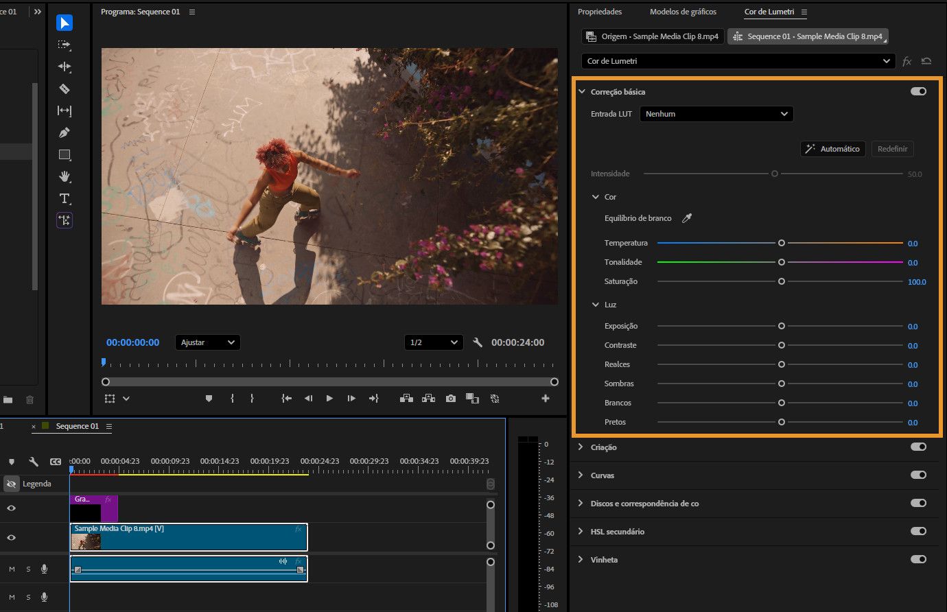 Visualização destacada do painel Cor de Lumetri no Premiere Pro, mostrando a seção Correção básica com controles para equilíbrio de branco, temperatura, matiz, saturação, exposição, contraste, realces, sombras, brancos e pretos.