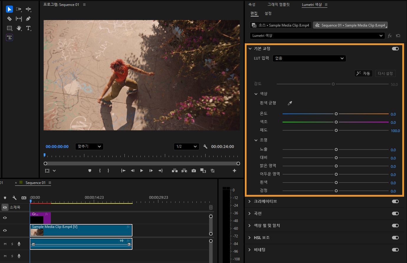 Premiere Pro에서 Lumetri Color 패널을 강조 표시한 보기로, 화이트밸런스, 온도, 틴트, 채도, 노출, 대비, 하이라이트, 그림자, 흰색, 검은색에 대한 컨트롤이 있는 기본 보정 섹션이 표시되어 있습니다.