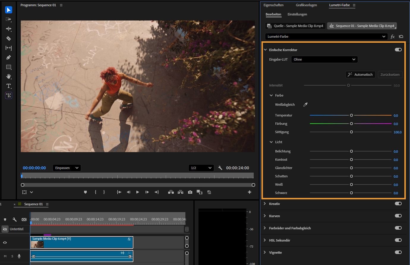 Hervorgehobene Ansicht des Bedienfelds „Lumetri-Farbe“ in Premiere Pro, die den Abschnitt „Einfache Korrektur“ mit Steuerelementen für „Weißabgleich“, „Temperatur“, „Färbung“, „Sättigung“, „Belichtung“, „Kontrast“, „Glanzlichter“, „Schatten“, „Weiß“ und „Schwarz“ zeigt.
