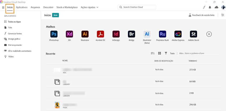 Tela inicial do aplicativo de desktop da Creative Cloud