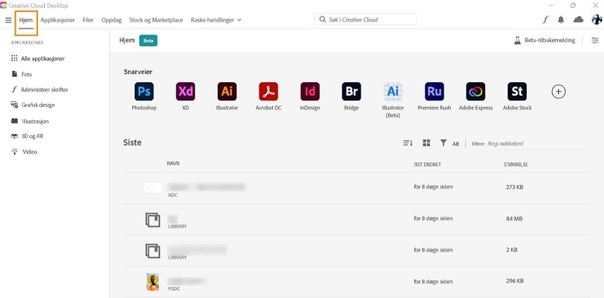 Hjem-skjermen i Creative Cloud-skrivebordsprogrammet