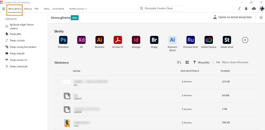 Ekran główny programu Creative Cloud Desktop