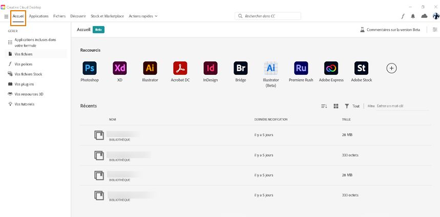 Écran d’accueil de l’application Creative Cloud pour ordinateurs