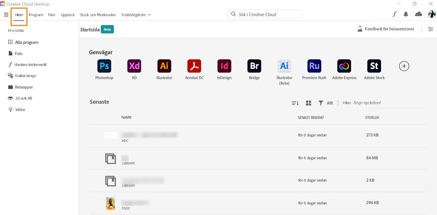 Startskärmen för Creative Cloud-datorprogrammet