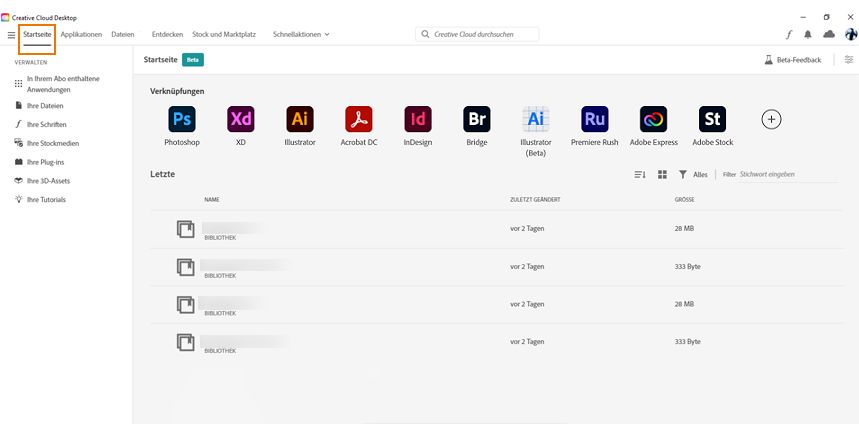 Startbildschirm des Creative Cloud-Clients