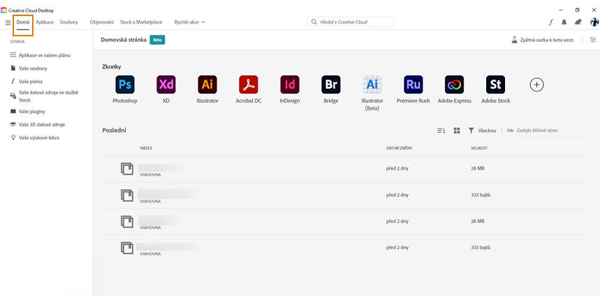 Domovská obrazovka aplikace Creative Cloud pro počítače