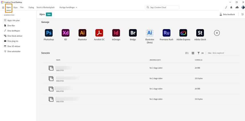 Creative Cloud-computerappens Hjem-skærm