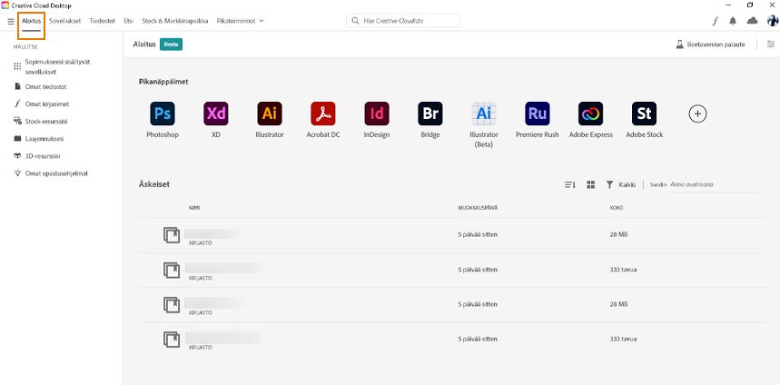 Creative Cloud -tietokonesovelluksen Aloitus-näyttö