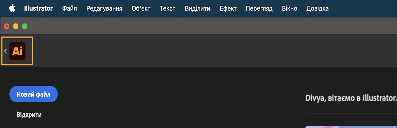 Головний екран зі стрілкою «назад» поруч зі значком Illustrator для повернення до основного документа.