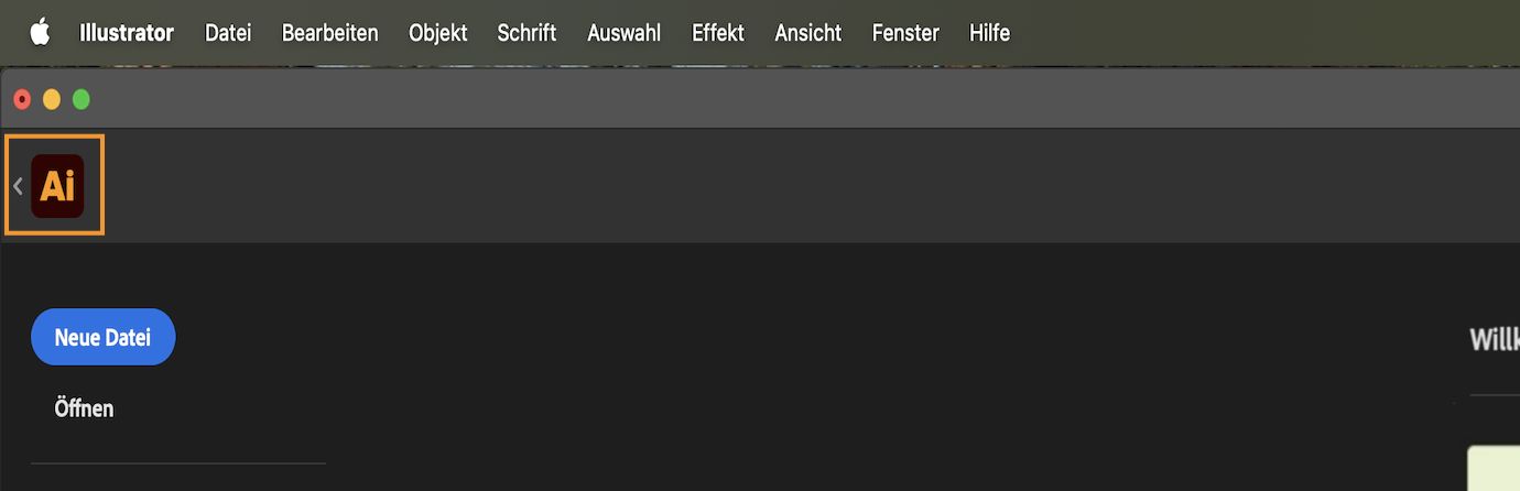 Startbildschirm mit Zurück-Pfeil neben dem Illustrator-Symbol, um zum aktiven Dokument zurückzukehren.