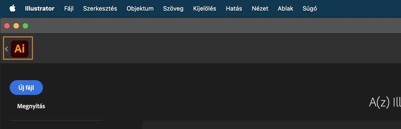 A kezdőképernyő a Vissza nyíllal az Illustrator ikon mellett a fő dokumentumhoz való visszatéréshez.