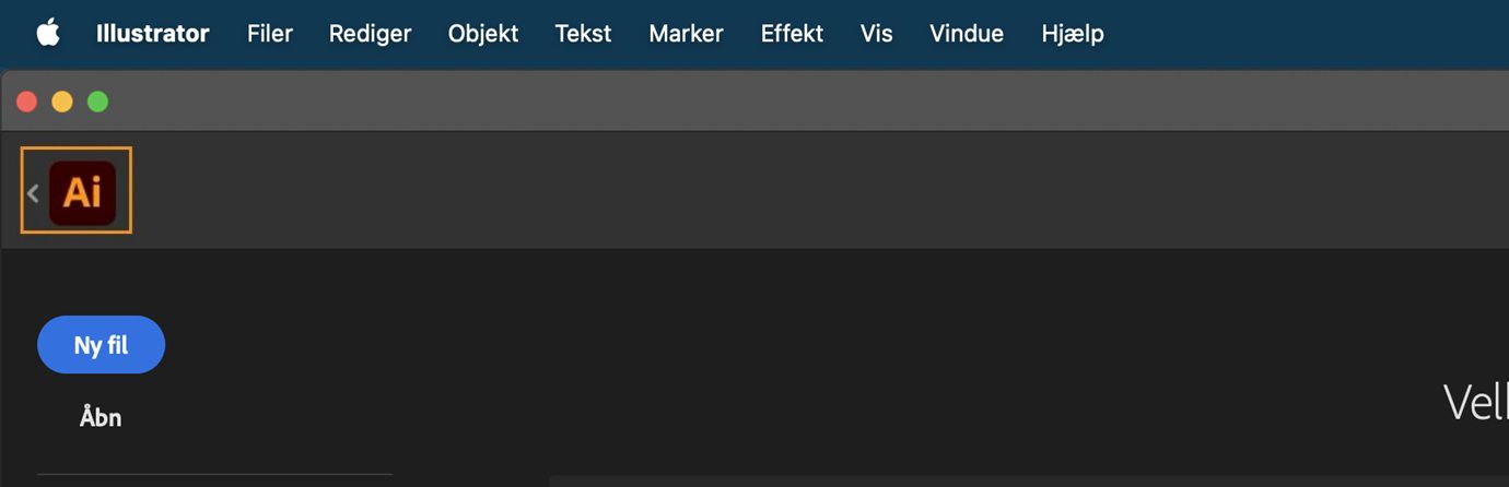 Startskærm med tilbage-pil ved siden af Illustrator-ikonet for at skifte tilbage til det primære dokument.