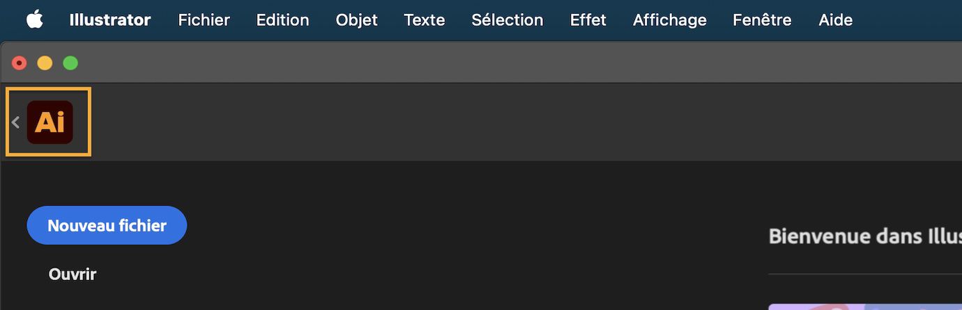 Écran d’accueil avec flèche de retour à côté de l’icône Illustrator pour revenir au document actif.