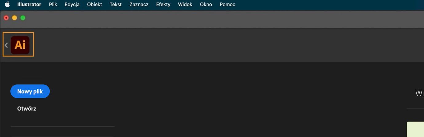 Ekran główny ze strzałką powrotu obok ikony Illustrator umożliwiającą powrót do głównego dokumentu.