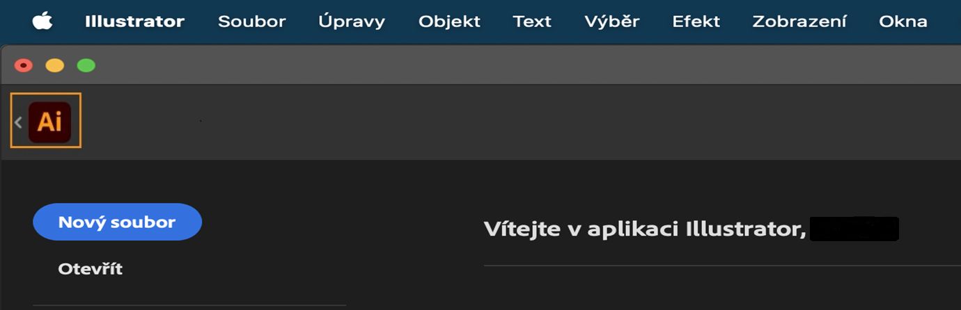 Úvodní obrazovka se šipkou zpět vedle ikony Illustrator pro návrat k primárnímu dokumentu.