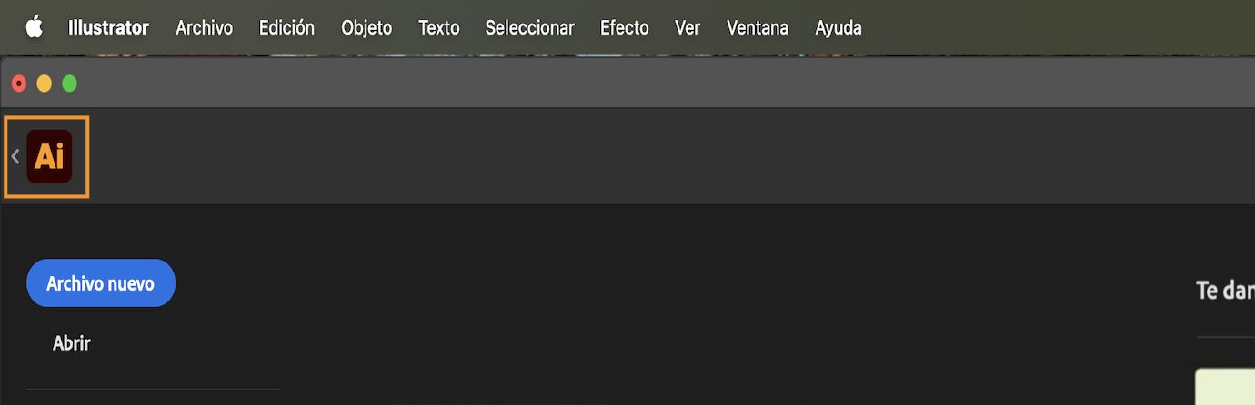 Pantalla de inicio con flecha de retroceso junto al icono de Illustrator para volver al documento principal.