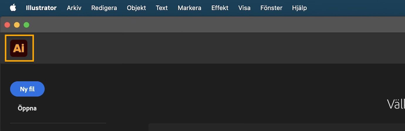 Startskärm med bakåtpil bredvid Illustrator-ikonen för att växla tillbaka till det primära dokumentet.