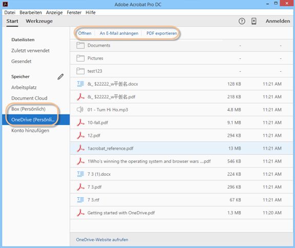 Box- und OneDrive-Verbindungen in der Startansicht