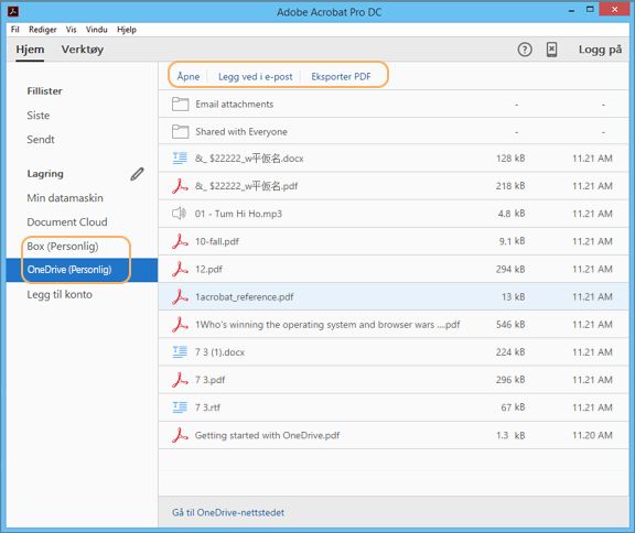 Box- og OneDrive-tilkoblinger i Hjem-visningen