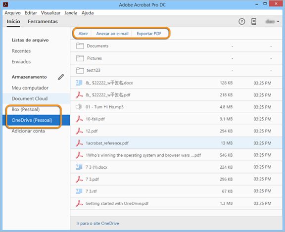 Conectores do Box e OneDrive na exibição Início
