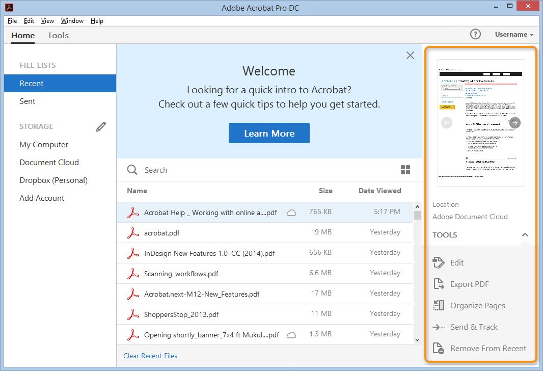 Nylige filer-visning  i Acrobat