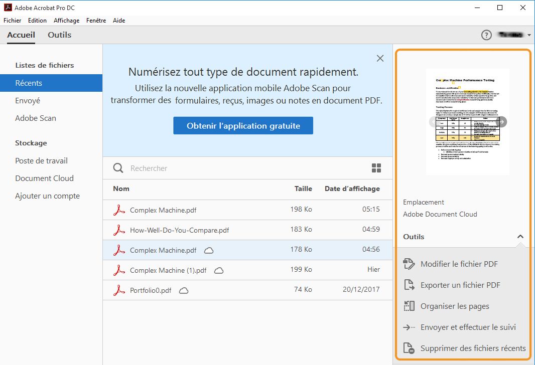 Vue des fichiers récents  dans Acrobat