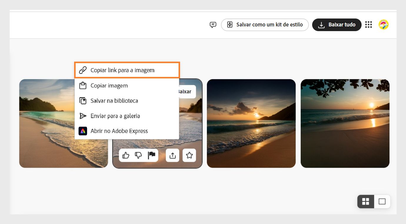 Passar o mouse sobre uma imagem gerada usando o recurso Texto para imagem exibe várias opções. Selecionar o ícone de mais opções oferece opções para baixar, copiar link para imagem, copiar imagem, editar no Adobe Express, enviar para a galeria da comunidade do Firefly e salvar na biblioteca. A opção Copiar link na imagem está realçada no momento.