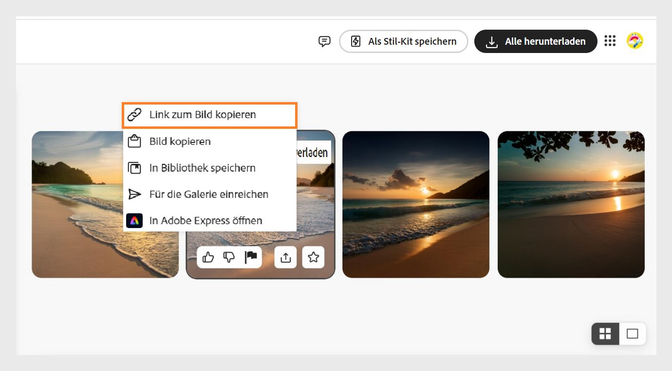 Bei Bewegen des Mauszeigers über ein mit der Funktion „Text zu Bild“ generierten Bildes werden verschiedene Optionen angezeigt. Bei Auswählen des Symbols für weitere Optionen kannst du auswählen, ob du das Bild herunterladen, den Link zum Bild kopieren, das Bild kopieren, in Adobe Express bearbeiten, an die Community-Galerie von Firefly senden oder in die Bibliothek speichern möchtest. Zurzeit ist die Option „Link zu Bild kopieren“ hervorgehoben.