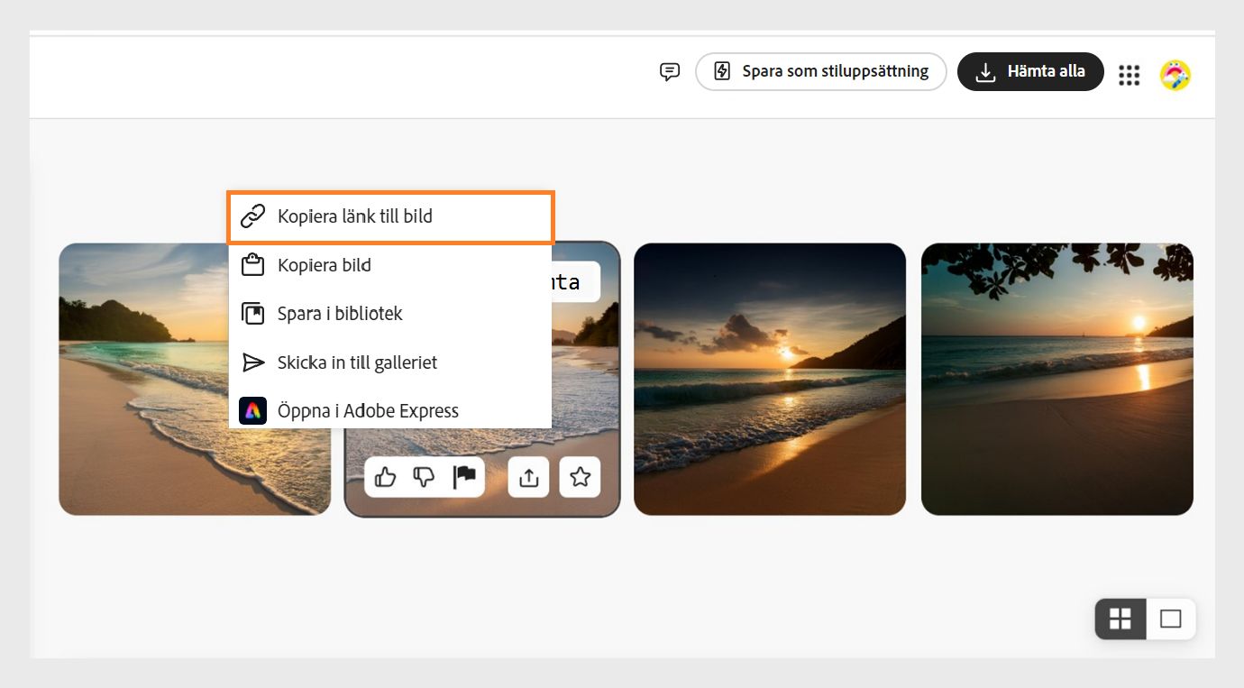 Om du håller pekaren över en bild som genererats med funktionen Text till bild visas flera alternativ. Om du väljer ikonen för fler alternativ kan du hämta, kopiera länken till bilden, kopiera bilden, redigera i Adobe Express, skicka till galleriet i Firefly-användarforumet och spara i biblioteket. Alternativet Kopiera länk till bild är markerat här.