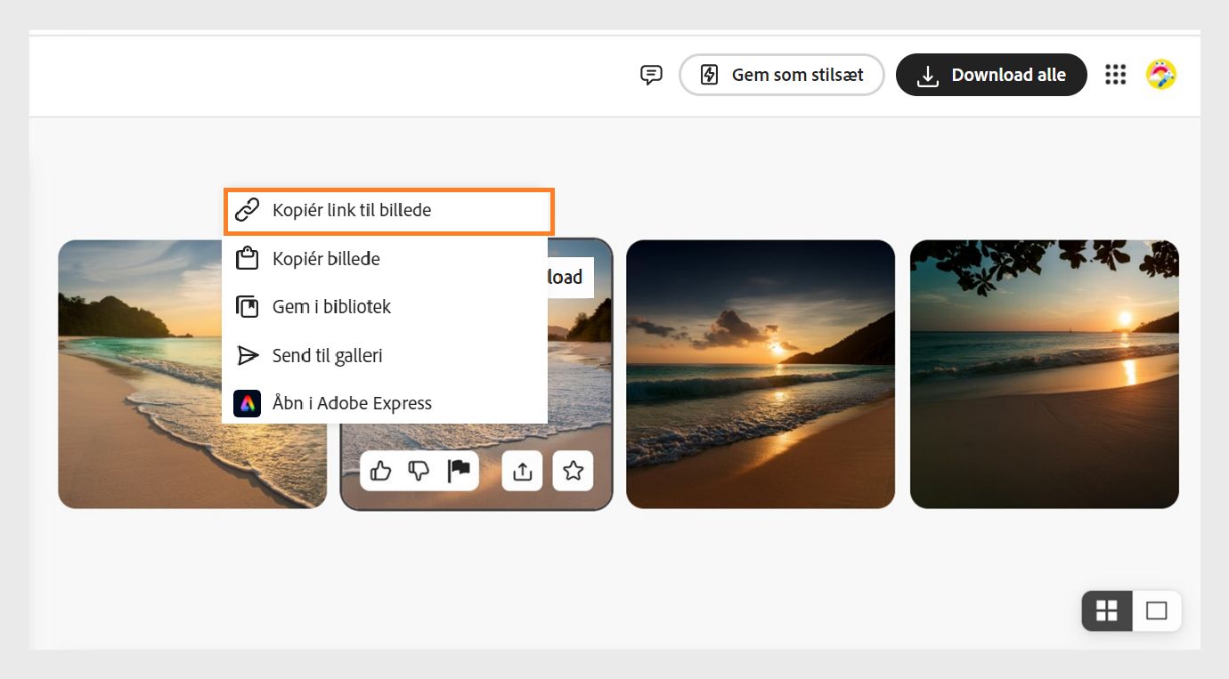 Hvis markøren er over et billede, som er lavet ved hjælp af funktionen Tekst til billede, vises der flere muligheder. Hvis du vælger ikonet Flere indstillinger, kan du vælge at downloade, kopiere link til billede, kopiere billede, redigere i Adobe Express, sende til Firefly-galleriet og gemme i bibliotek. Indstillingen Kopiér link til billede er fremhævet i øjeblikket.