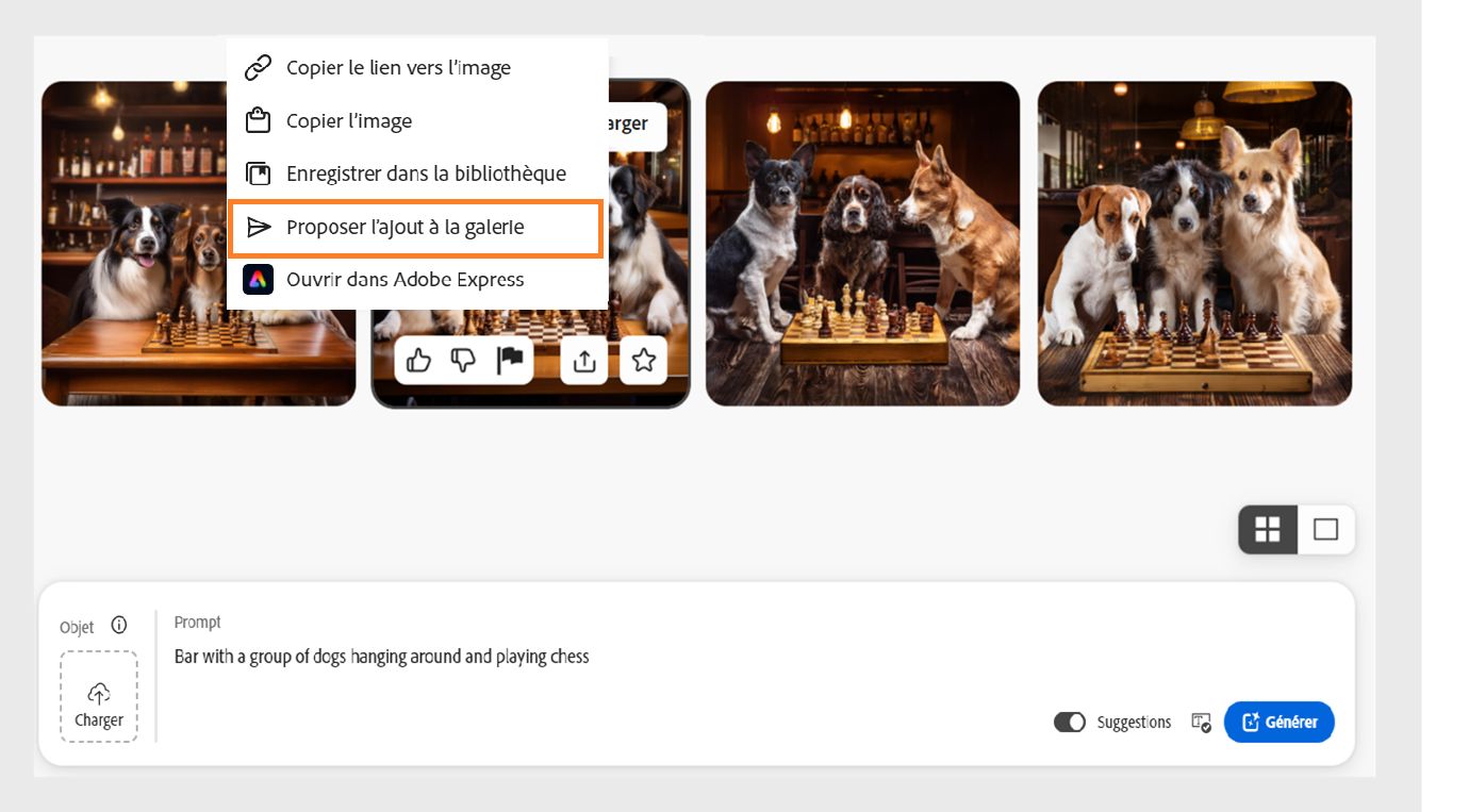 Lorsque vous pointez sur une image générée à l’aide de la fonctionnalité Du texte à l’image, plusieurs options s’affichent. Sélectionnez l’icône des options de partage pour choisir entre télécharger, copier le lien, copier l’image, modifier dans Adobe Express, proposer l’ajout à la galerie de la communauté Firefly et enregistrer dans la bibliothèque. L’option Proposer l’ajout à la galerie est actuellement mise en évidence.