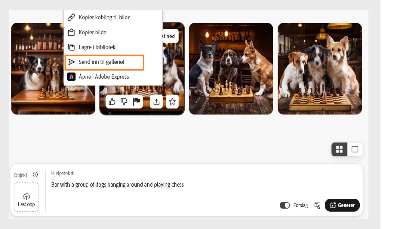Når du holder markøren over et bilde som er generert ved hjelp av Tekst til bilde-funksjonen, vises det flere alternativer. Når du velger ikonet for delingsalternativer, kan du laste ned, kopiere koblinger, kopiere bilder, redigere i Adobe Express, sende til Fellesskap-galleriet i Firefly og lagre i biblioteket. Alternativet Send inn til galleri er uthevet.