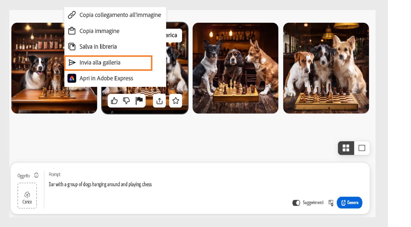 Il passaggio del mouse su un'immagine generata utilizzando la funzione Da testo a immagine visualizza diverse opzioni. Selezionando l'icona delle opzioni di condivisione, puoi scegliere tra scaricare, copiare il collegamento, copiare l'immagine, modificare in Adobe Express, inviare alla galleria della community di Firefly e salvare nella libreria. L'opzione Invia alla galleria è attualmente evidenziata.