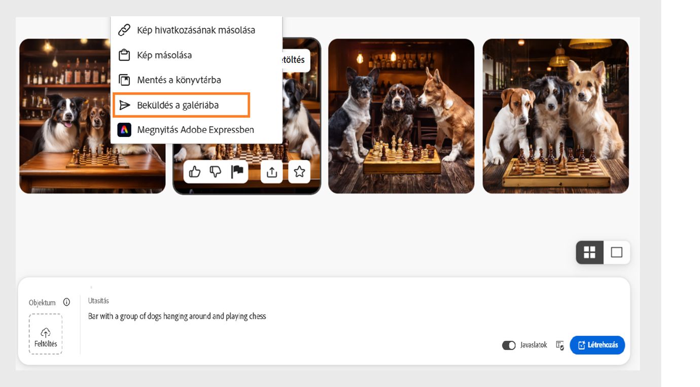 Ha a Szövegből kép funkcióval létrehozott kép fölé viszi az egérmutatót, több lehetőség is megjelenik. A megosztási beállítások ikon választási lehetőségeket kínál a letöltésre, a hivatkozás másolására, a kép másolására, az Adobe Express alkalmazásban történő szerkesztésre, a beküldésre a Firefly közösségi galériába és a könyvtárba mentésre. A Beküldés a galériába lehetőség jelenleg ki van jelölve.