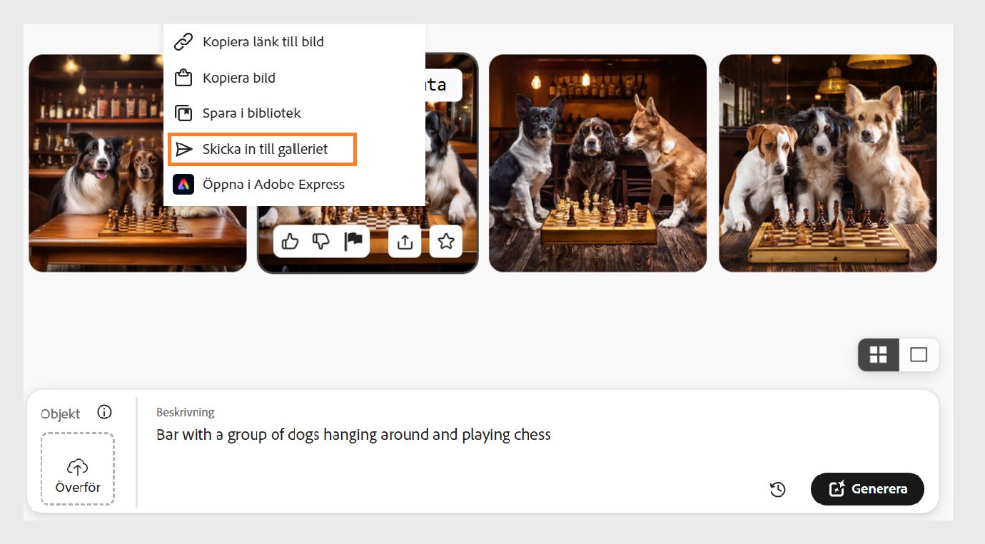 Om du håller pekaren över en bild som genererats med funktionen Text till bild visas flera alternativ. Om du väljer ikonen för delningsalternativ kan du hämta, kopiera länken, kopiera bilden, redigera i Adobe Express, skicka till galleriet i Firefly-användarforumet och spara i biblioteket. Alternativet Skicka in till galleriet är markerat här.