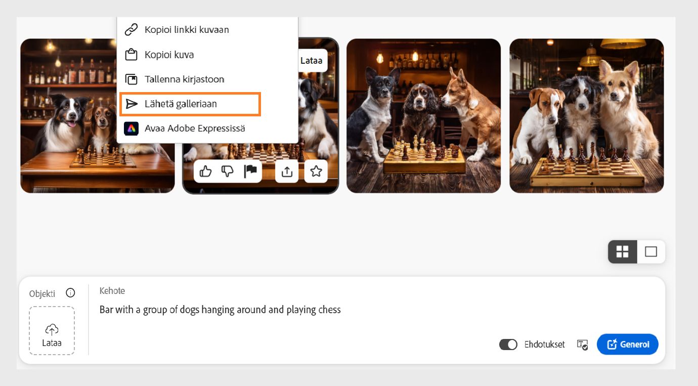 Viemällä hiiren osoittimen Teksti kuvaksi -toiminnolla generoidun kuvan päälle saat näkyviin eri vaihtoehtoja. Napsauttamalla jakokuvaketta saat näkyviin vielä enemmän vaihtoehtoja, joilla voit ladata kuvan, kopioida linkin kuvaan, kopioida kuvan, muokata kuvaa Adobe Expressissä, lähettää kuvan Firefly-yhteisön galleriaan tai tallentaa kuvan kirjastoon. Lähetä galleriaan -vaihtoehto näkyy korostettuna.