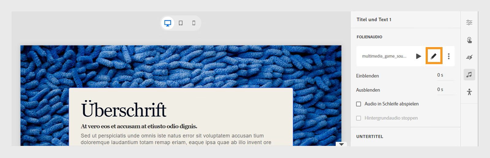 Dieses Bild zeigt, wie das Symbol &quot;Bearbeiten&quot; ausgewählt wird, um Audio zu bearbeiten