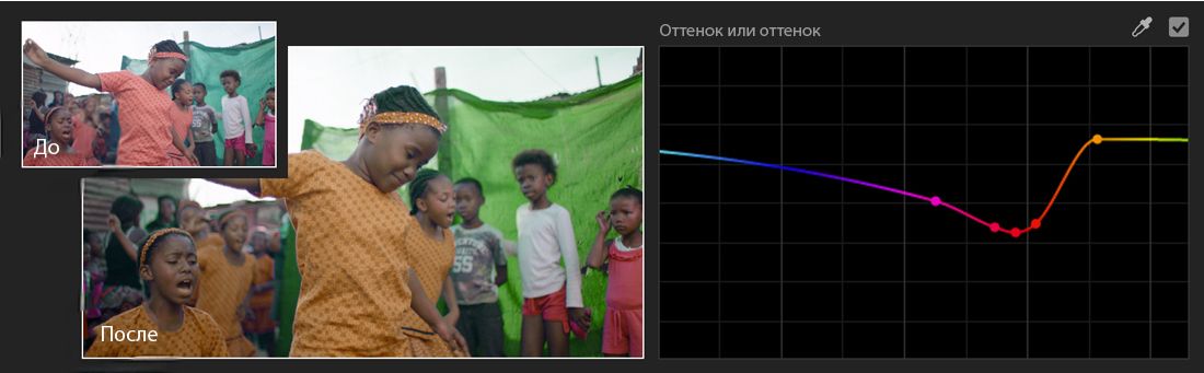 Пример настройки кривой «Оттенок или оттенок», показывающий изображение до и после изменения одного оттенка на другой.
