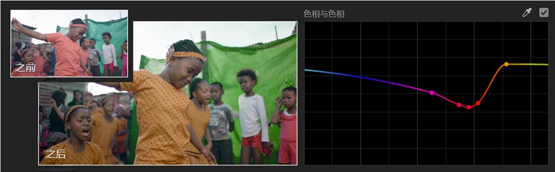 色相与色相曲线调整的示例，同时显示将一种色相更改为另一种色相前后的效果。