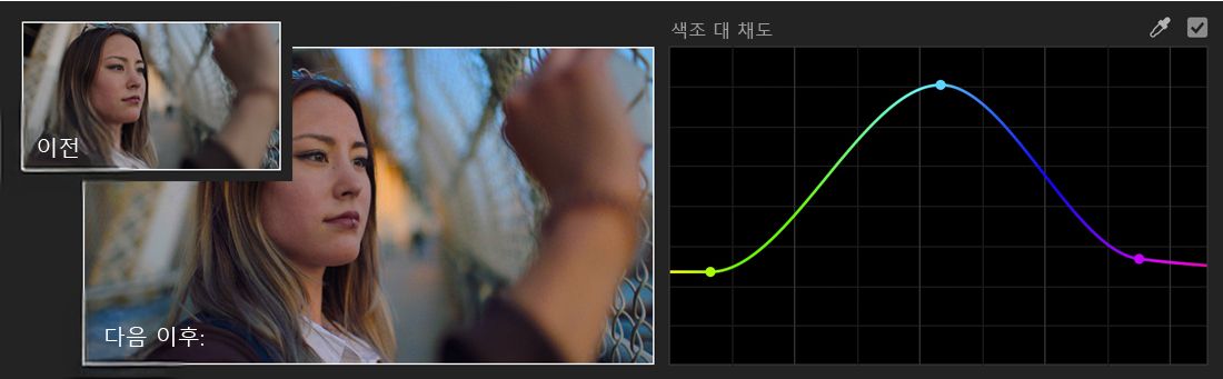 색조 대 채도 곡선 조정의 예시로, 이미지의 색조 채도를 편집하기 전과 후를 보여줍니다.