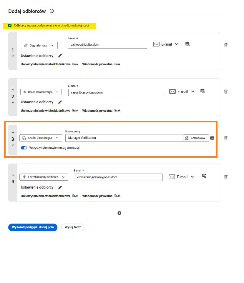 Odbiorcy prośby o podpis wyświetlający obieg podpisu hybrydowego